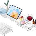 Expandable Drain Bath Caddy Tray for Tub, YOCOMEY Multifunctional Acrylic Bathtub Tray Bathroom Organizer, Simple Bathtub Table Trays Storage Rack for Candle Towel Book Wine Phone Shower(Clear)