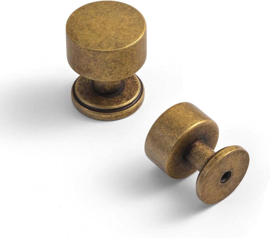 Set of 6 Antique Brass Drum Cabinet Knobs for Drawers, Heavy-Duty Solid Zinc Handles, 1" Diameter for Farmhouse & Modern Kitchen Hardware