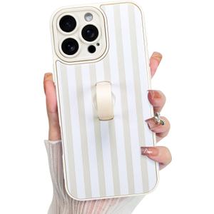 KANGHAR Compatible with iPhone 16 Pro Case, Silicone Stripes Cute Pattern, Wristband Kickstand Camera Protection Soft Slim Cover for Girls Women -White