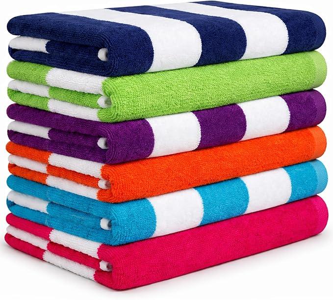 BolBom*S Beach Towels 6 Pack Large 30x60-100% Cotton Beach & Pool Towels Bulk Cabana Stripe - Quick Dry Bath Towel Set for Swim, Beach Essentials, Bathroom, Hot Tub, Yoga, Hotel & Airbnb Guests