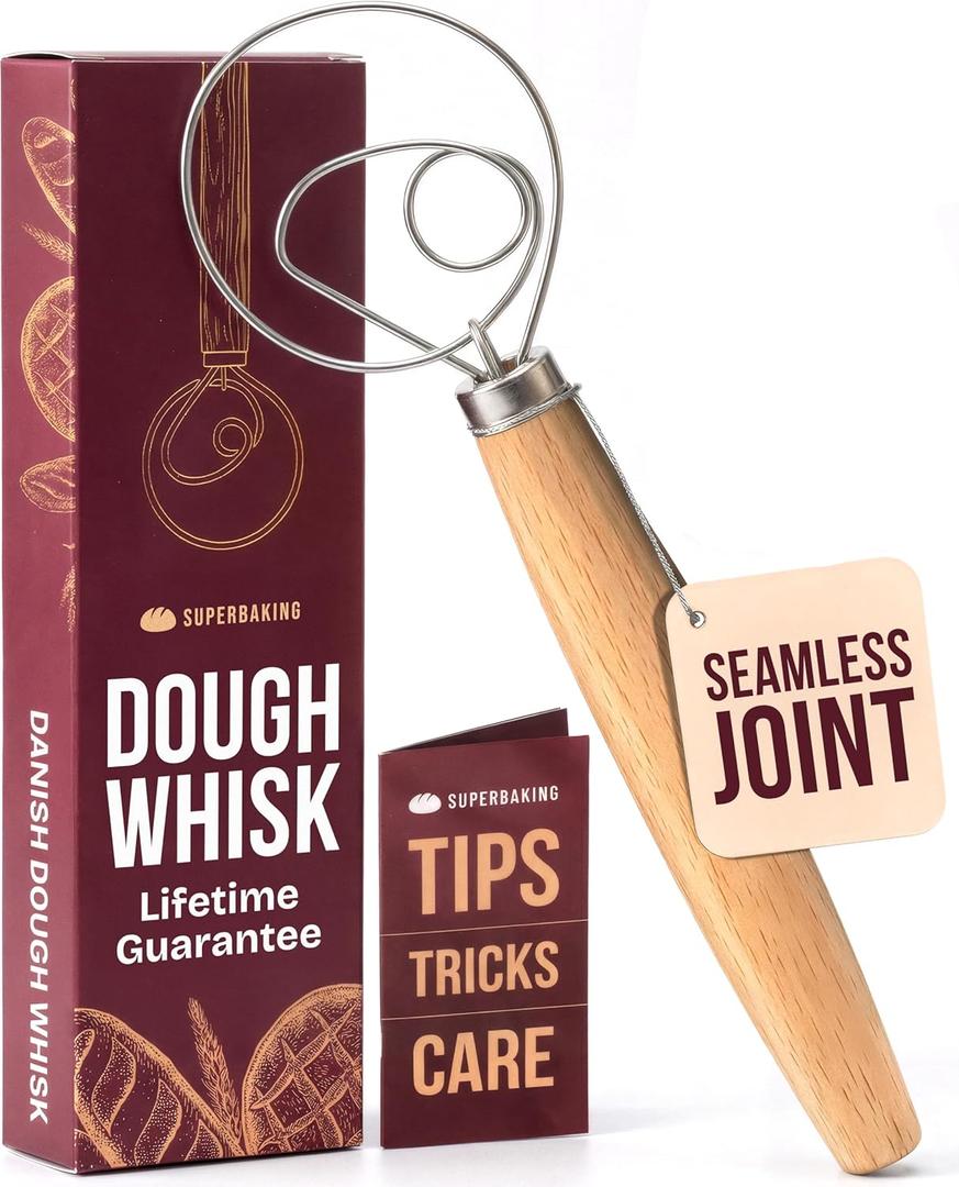Superbaking Danish Dough Whisk - 12" Bread Whisk for Dough Mixing - Single Eye Design Sourdough Whisk - Sourdough Bread Baking Supplies - Bread Making Tools and Accessories - Ergonomic Wooden Handle (Beechwood)