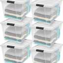 IRIS USA 54 Qt Stackable Plastic Storage Bins with Lids, 6 Pack - BPA-Free, Made in USA - See-Through Organizing Solution, Latches, Durable Nestable Containers, Secure Pull Handle - Clear/White
