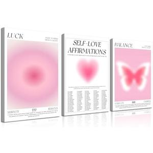 3Pcs Pink Gradient Aura Canvas Wall Art Trendy Abstract Angel Number Positive Affirmation Spiritual Posters Prints Aesthetic Wall Decor Pictures for Living Room Bedroom Decoration, 16x24in Pack Of 4