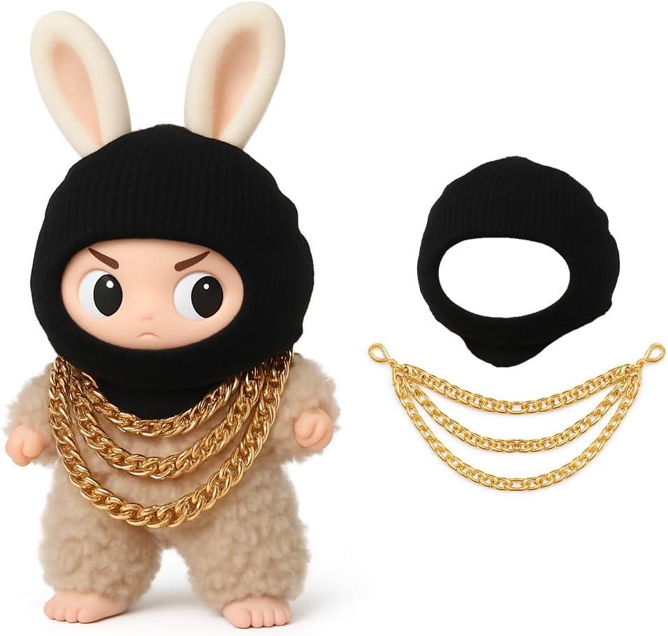 3 x Clothes for LABUBU 17cm Doll (NO Doll), Outfit for LABUBU, Black Head Cover, Three-Layer Gold Necklace - Funny Outfits & Accessories for Unique Style