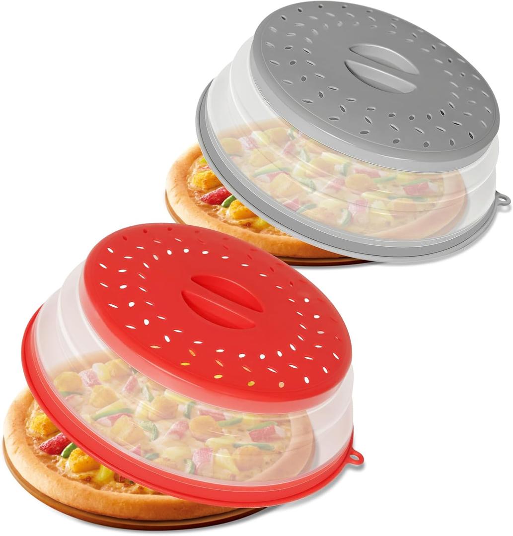 2 Pack Collapsible Microwave Splatter Cover, Vented Microwave Lid with Hook Hole, Splatter Guard for Plate Dish Bowl, Vegetable Fruit Colander Multi-function Kitchen Gadget, (Grey & Red)