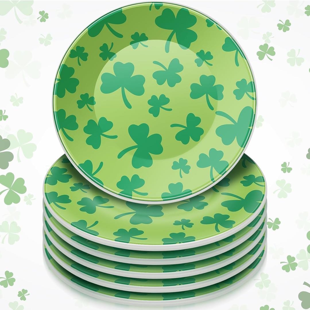 6 Pcs 6 Inch St. Patrick's Day Ceramic Decorative Plate Irish Shamrock Tableware Plate Leaf Clover Display Dish for St. Patrick's Celebration, Dinner Party, Wedding(Light Green)