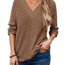 Dokotoo Chocolate Brown Fall Clothes Blouses for Women Dressy Casual V Neck Long Sleeve Knitted Pullover Tshirts Shirt for Women Oversized Henley Shirts Loose Fall Outfits Women's Fashion Clothing XL