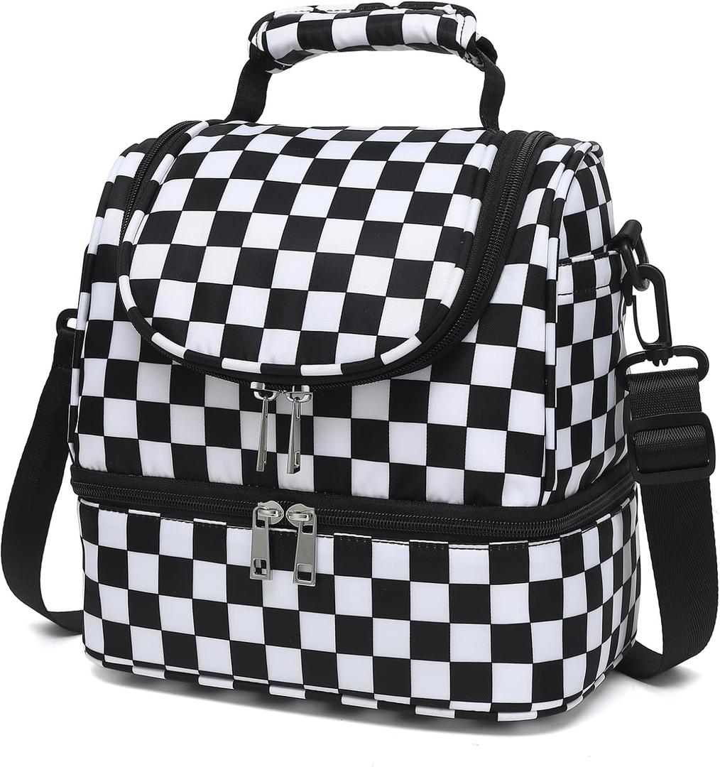 Yusudan Lunch Bag for Women Girls, Dual Compartment Insulated Lunchbox Picnic Tote Bags for Adults Kids Work School Beach (Checkered)