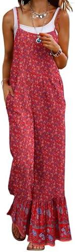 Himosyber Women's Summer Boho Jumpsuits Casual Wide Leg Bib Overalls Floral Print Patchwork Rompers with Pockets Size XL