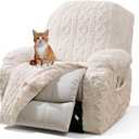 Vctops 4 Pieces Recliner Chair Covers, Geometric Jacquard Plush Recliner Slipcovers Soft Fuzzy Sofa Couch Cover Anti-Slip Furniture Protector with Elastic Bottom for Kids Cats Dogs (Cream,1 Seat)