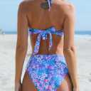 CUPSHE Bikini Set for Women Two Piece Swimsuit Bandeau Top Back Tie Mid Waisted Bottom with Removable Shoulder Straps (Blue, M)