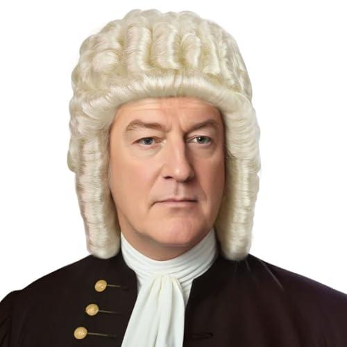 JoneTing Long Silver White Curly Wigs 【+Hair Cap】 Judge Wig Men's 18th Century Peruke Hair Historical Colonial Powdered Hairs Judge Wig for Themed Events Halloween Party Costume Outfits