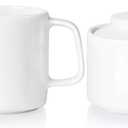 ONTUBE Porcelain Sugar and Creamer Set of 3,Ceramics Cream Pitcher, Sugar Bowl with Lid and Spoon (Bright White)