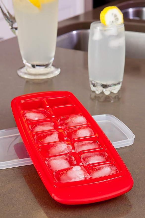 Joie Standard Ice Cube Tray, Covered and Stackable, No-Spill Removable Lid, Pop Open Door for Easy Refills, Keeps Ice Fresh, Freezer Durable, Dishwasher Safe, Red and Blue 2 Pcs.