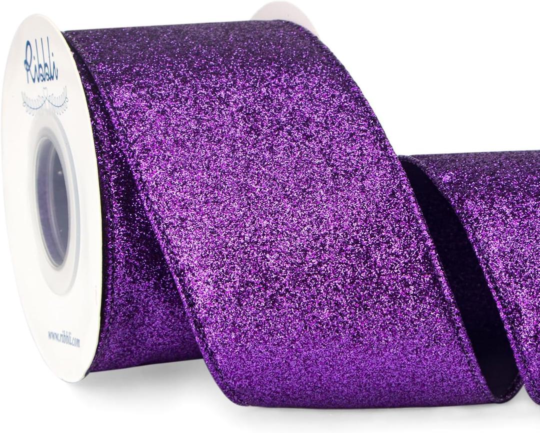 Ribbli Purple Glitter Wired Ribbon, Halloween Purple with Metallic Edge, Christmas Ribbon for Wreath, ChritmasTree Decoration, Gift Wrapping, Home Decor, 2-1/ 2 Inch x 10 Yards