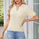 Cakulo Womens Fuzzy Cropped Short Sleeve V Neck Fall Sweaters 2025 Polo Collared Knit Pullover Sweater (Beige, XL)