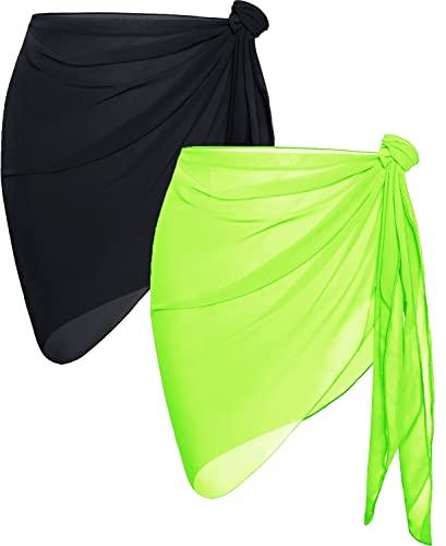 1 Pieces Sarong Cover Ups for Women Beach Bathing Suit Wrap Sheer Short Skirt Bikini Chiffon Scarf for Swimwear (Fluorescent Green & Black)