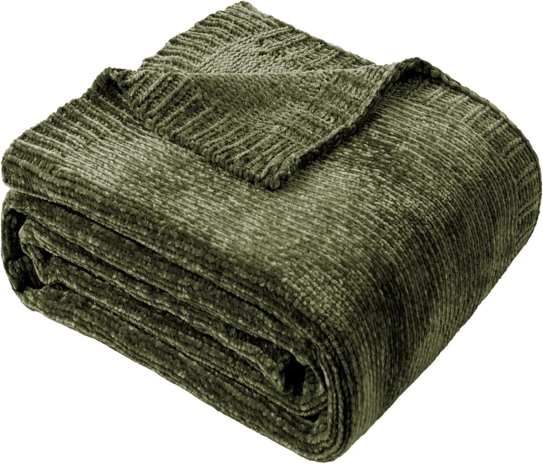 BATTILO HOME Olive Green Chenille Throw Blanket for Couch, Cozy Knit Throw Blanket for Bed Sofa Outdoor, Super Soft Warm Green Blankets Chenille Blankets for Home Decor, 51"x67"