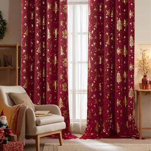 NICETOWN 2 Panels Christmas Red Rod Pocket Curtains 52 x 95 Inch, Gold Stamped Holiday Window Drapes for Xmas Decorations, Festive Room Darkening Curtain Set for Living Room Bedroom, Seasonal Style