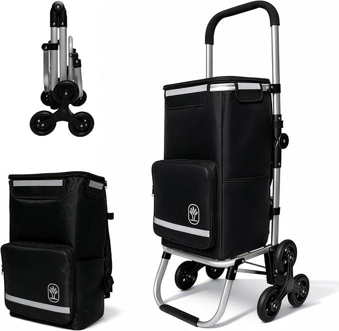 Foldable Stair Climbing Shopping Cart with Wheels – 3-in-1 Grocery Trolley, Backpack & Hand Truck – Lightweight Aluminum Frame, Waterproof Insulated Bag, Side Pockets – Cart for Groceries & Laundry