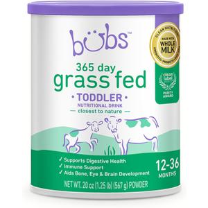 Bubs 365 Grass Fed Toddler Nutritional Drink, Non-GMO Whole Milk-Based Formula, for Kids 12-36 Months, 20 oz, Best By: 01/29/2027