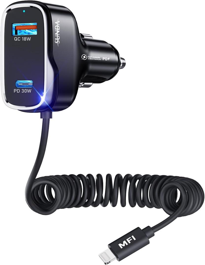 [Apple MFi Certified] iPhone Car Charger, Built-in 5.7FT Lightning Cable for iPhone 17/16/15/14/Max/XR/X/8/7/iPad, 71W 3-Ports PD30W Car Charging Adapter for Samsung Galaxy S25/S24/S23, Google Pixel