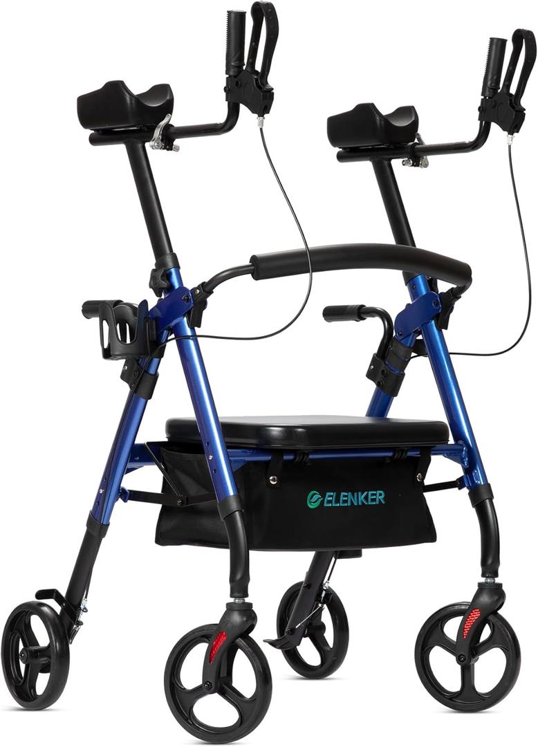 ELENKER Heavy Duty Upright Rollator Walker with Extra Wide Padded Seat and Backrest, Bariatric Stand Up Rolling Walker, Fully Adjustment Frame for Seniors, Blue