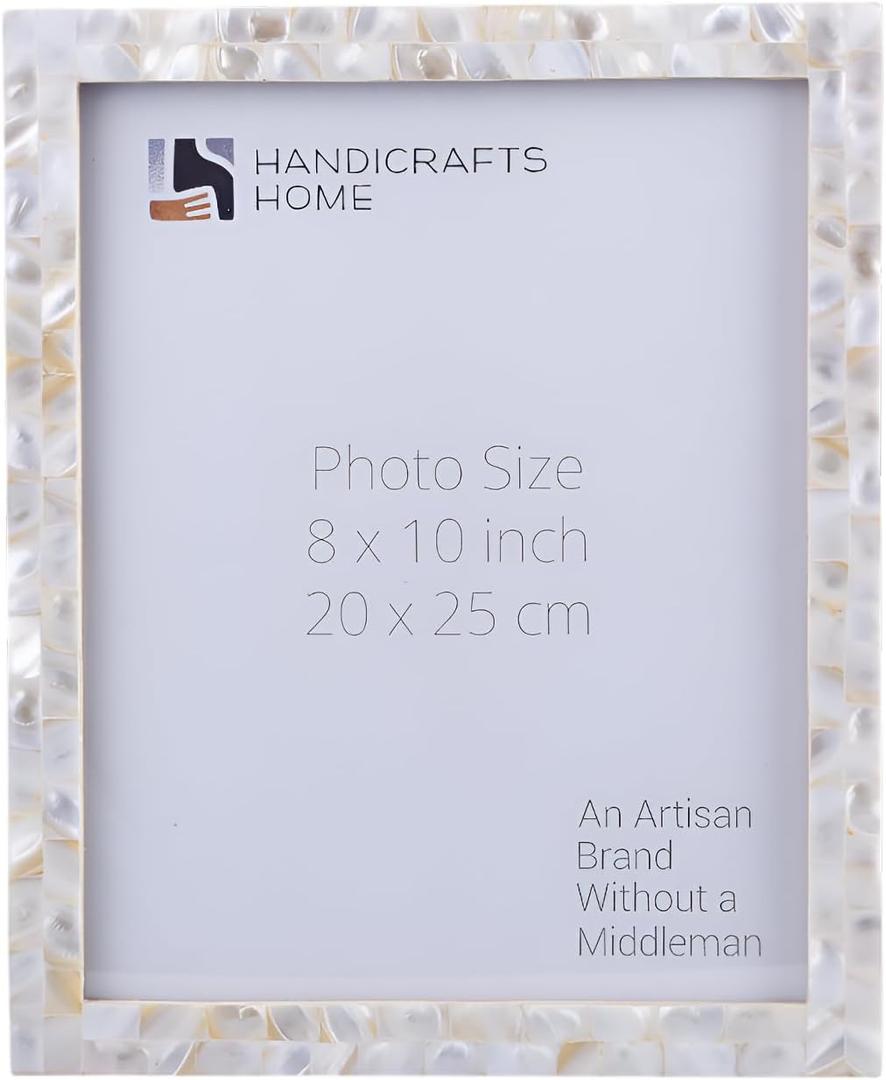Handicrafts Home Mother of Pearl Picture Frame 8x10, Decorative Photo Frame for Tabletop or Wall, Handmade Shell Mosaic Frame, Modern Home Decor, Gift Picture Frame, White