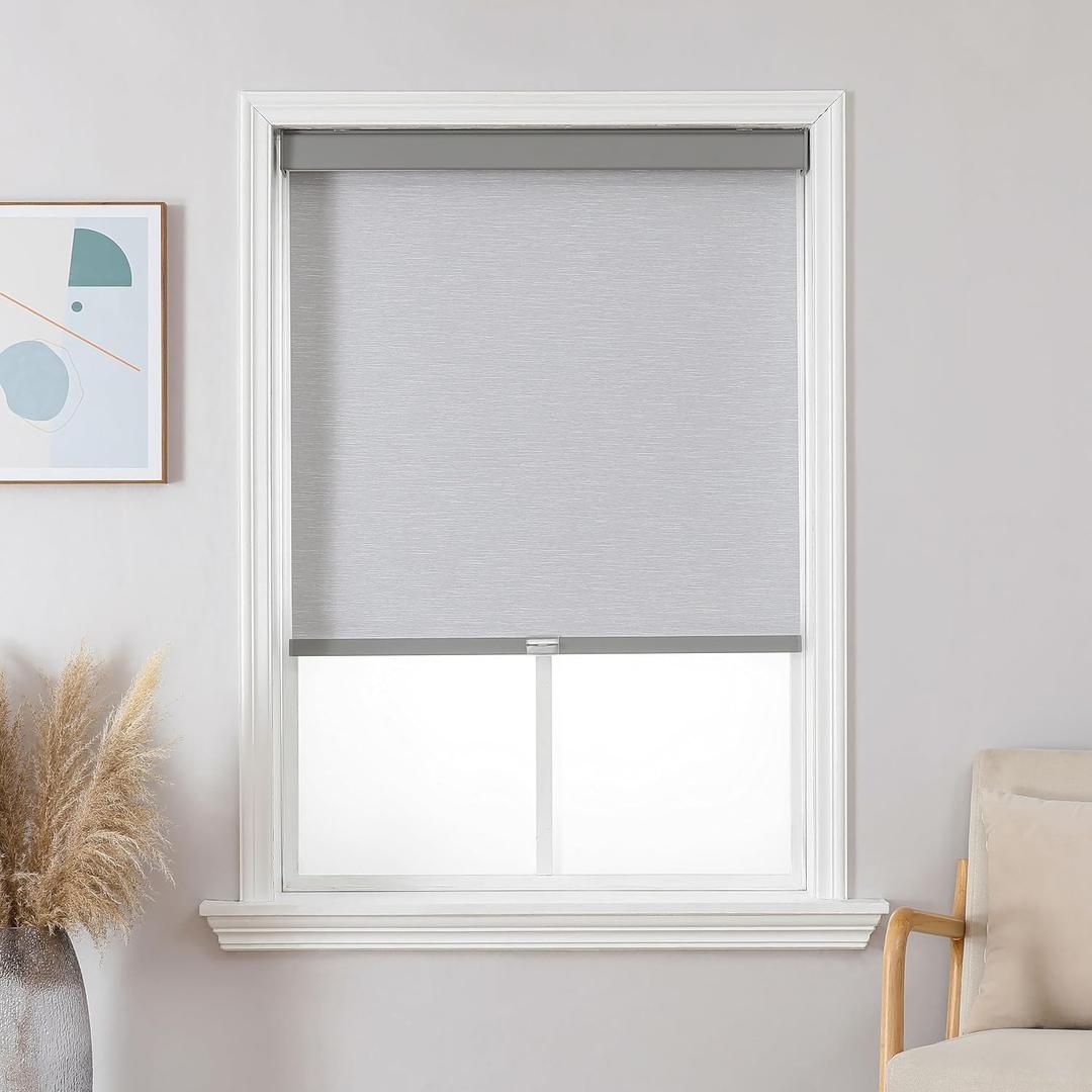 Joydeco 100% Blackout Roller Shades Cordless Blinds for Windows, Free-Stop Shades, UV Protection, Natural Woven Blinds for Home and Office, Light-Proof Aluminum Cover (Gray, 38" W x 75" H)