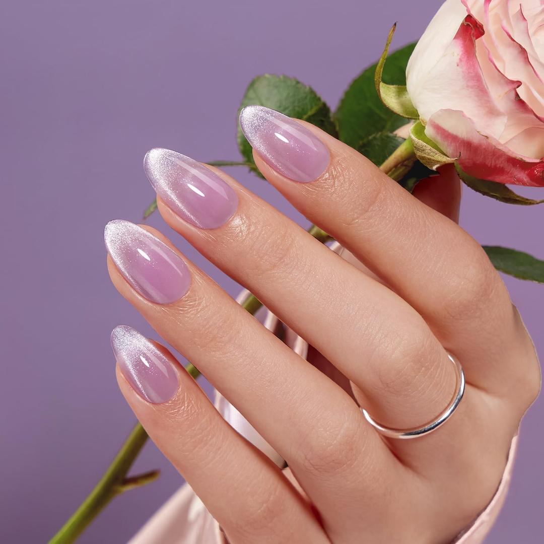 VSALON Almond Short Press On Nails, Pastel Light Purple Sheer Cat Eye | French Tip Light Curable Fake Nails, Reusable Ombre Summer Stick On False Nails - 32 Pcs Nails Kit in 16 Sizes with Glues