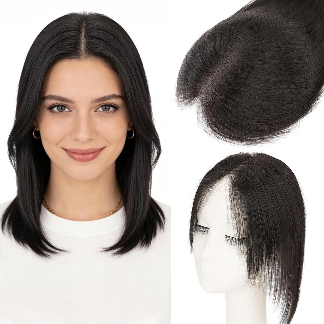 Hairro Real Hair Toppers For Women Short Small Wiglet Hairpieces Natural Invisible No Bang Middle Part Side Bangs Hair Clip 12 Inches 19g #1B Natural Black