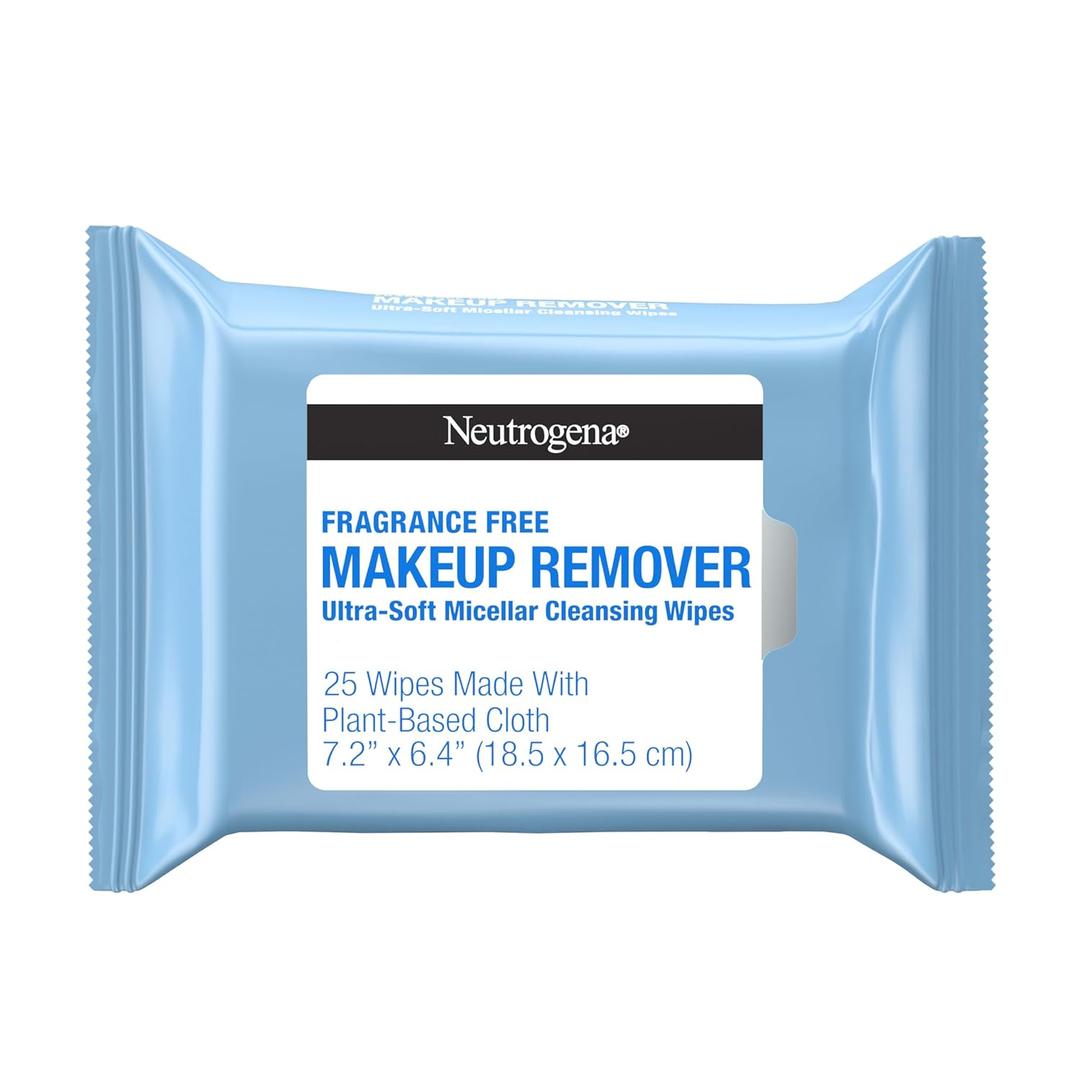 Neutrogena FragranceFree Makeup Remover Wipes, Daily UltraSoft Micellar Cleansing Wipes Gently Remove Oil & Waterproof Makeup, Hypoallergenic, Made with PlantBased Cloth, 25 ct