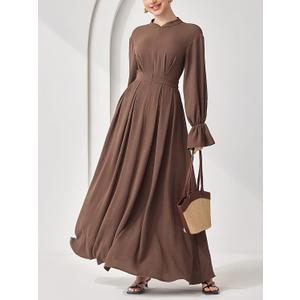 Women's Elegant Swing Flowy Dresses Long Sleeve Invisible Zipper Front Pleated Front Semi Formal Dresses,Brown,Medium