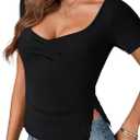 Rooscier Women's Sweetheart Neck Ruched Lace Slit Short Sleeve Sexy Going Out T Shirt Tops (Black)
