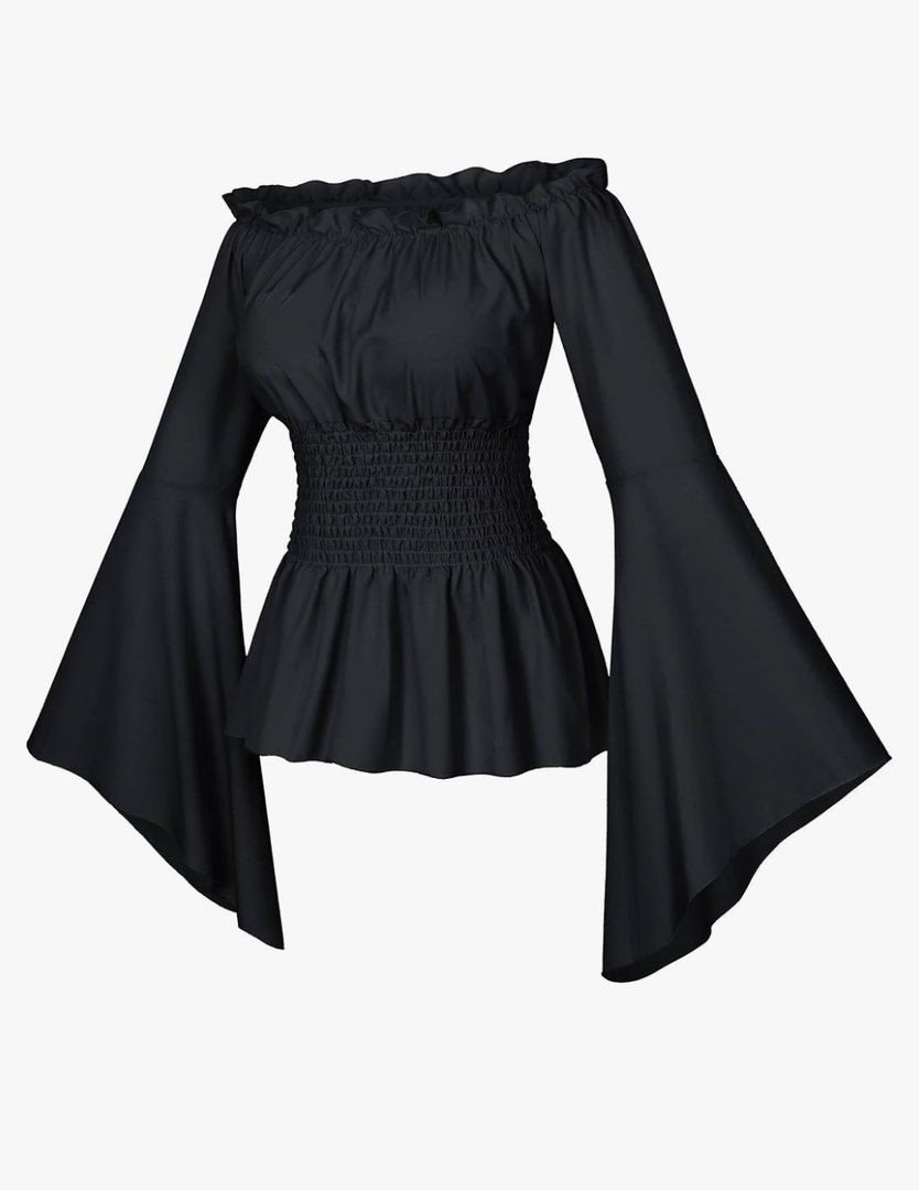 Womens Renaissance Victorian Peasant Ruffle Smocked Waist Boho Pirate Shirt Blouse Cosplay Costume, Size M