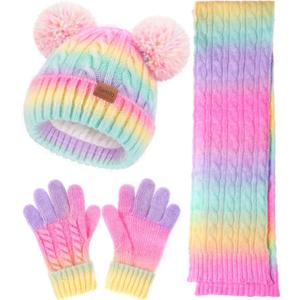 Kids Winter Hat Scarf Gloves Set, Toddler Girl Boy 8% Wool Fleece Lined Pom Beanie Knit Neck Mittens Children Christmas Gifts