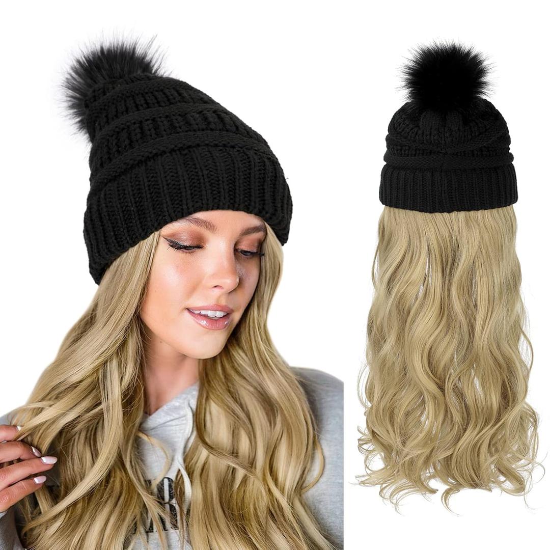 AynnQueen Beanie with Hair Attached for Women Slouchy Cable Hat Wig Knit Beanie Winter Hat with 20inch Removable Hair Extensions Wig (Ash Blonde-Black Hat)
