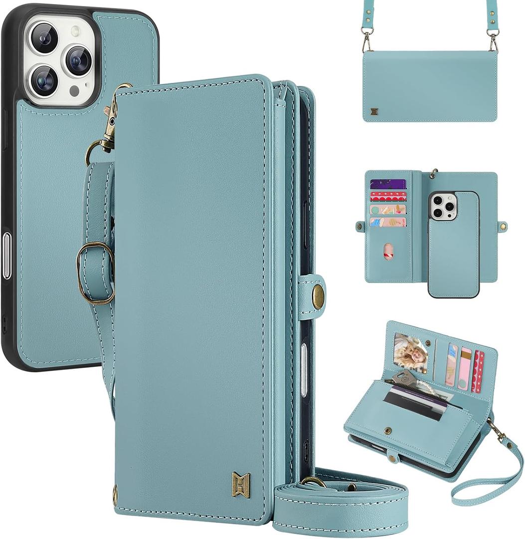 for Wallet Case Compatible with iPhone 15 Pro Max,Multi-Function Detachable 2 in 1 Magnetic iPhone 15 Pro Max Case Wallet,Flip Strap Zipper Card Holder Phone Case with Shoulder Straps (Blue)