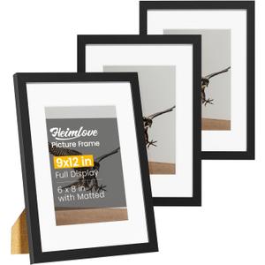 Heimlove 9x12 Picture Frames Set of 3 with Mat to Display 6x8 Picture,Plastic Black Photo Frame for Poster,Diploma,Certificate and Document with Gallery Wall Frame Set