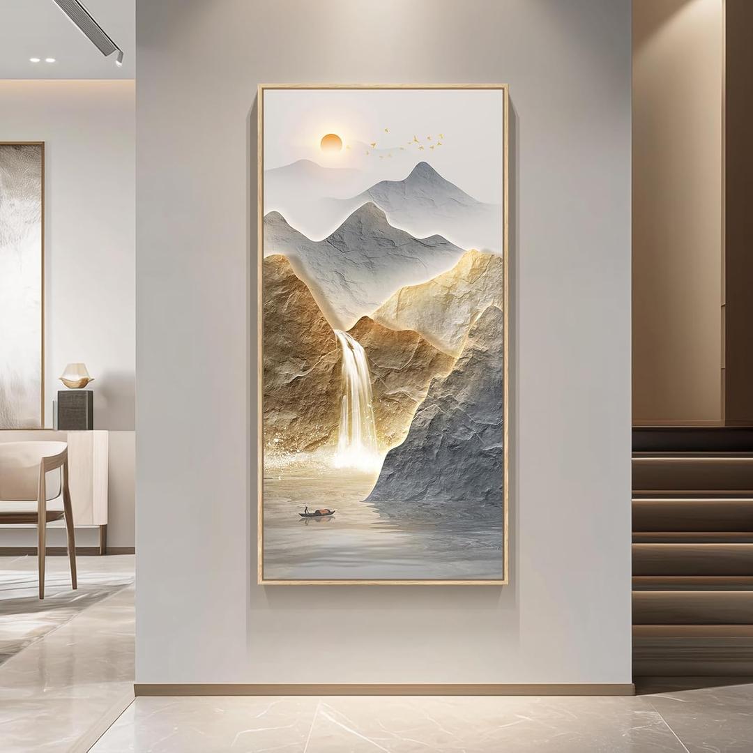Framed Luxury Mountain Wall Art for Hallway, Extra Large Modern Landscape Canvas Artwork, Blue Gold Nature Sunrise Waterfall Painting Print for Living Room Entryway Home Office Wall Decor, 30x60 Inch