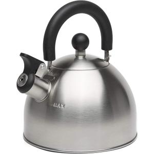 Primula Stewart Whistling Stovetop Tea Kettle Food Grade Stainless Steel, Hot Water Fast to Boil, Cool Touch Folding, 1.5-Quart, Brushed with Black Handle