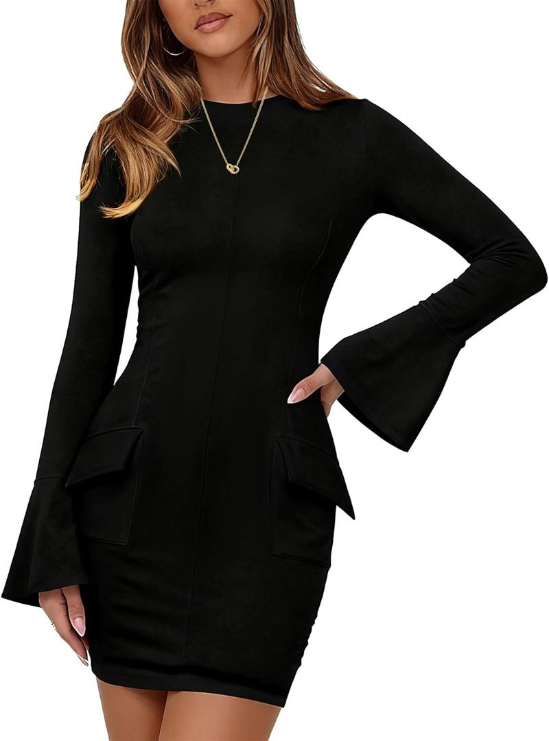 Womens Fall Long Sleeve Bodycon Mini Dress Mock Neck Elegant Dressy Short Party Dress Formal Business Pencil Dresses (Large, Black)