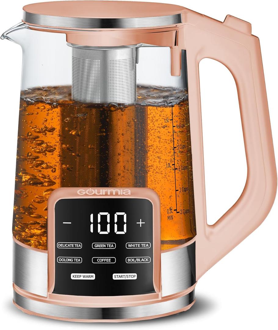 Gourmia Electric Glass Kettle  1.7L Programmable Tea & Coffee Brewer with Digital Touch Display, 6 Presets, Removable Stainless Steel Infuser, Cordless with 360 Swivel Base, Peach