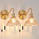 Plug-in Wall Sconce (Set of 2), Vintage Wall Decorative Lamp with Amber Glass Shade, Indoor Brass Plug-in Wall Sconce for Bedroom, Living Room, Bathroom, Hallway