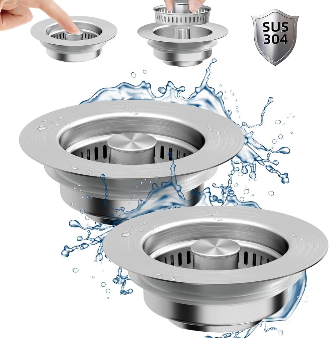 NinjaTiger Kitchen Sink Drain Strainer - 2-Pack Stainless Steel Sink Stopper 3-in-1 Pop-Up Sink Strainer with Anti-Clogging Basket Odor Filter Sink Drain Cover Plug for US Standard 3-1/2 Inch Drain