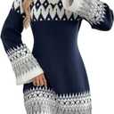 ZAFUL Sweater Dresses for Women 2025 Fall V Neck Long Sleeve Knit Color Block Fair Isle Pullover Sweaters Mini Dress (Small)