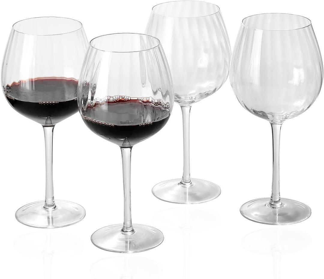 Ribbed Crystal Clear Wine Glasses set of 4, 23 oz Red Stemmed Wine Glasses Ideal For Red or White Wine, Perfect for Weddings Parties Great Gift for Women Girls