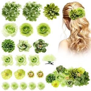 BBTO 21 Pcs Flower Hair Clip Rose Hair Clips Barrettes for Women Flower Accessories Boho Bride Claw Clip Hairpin Brooch Pin Headpiece for Wedding (Green Series)