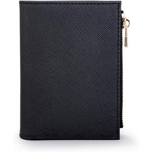 Slim Bi-fold Checkered Quilted Leather Wallet | Classic Minimalist Style w. ID Window/Card Slot/Bill Holder/Zip Coin Pocket for Women (Black - Saffiano Leather)