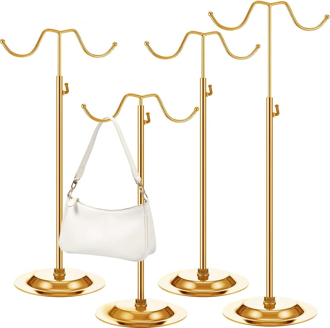 4 Pcs Purse Display Stand Adjustable Height Handbag Display Stand Metal Handbag Stand Holder Double Hook Purse Holder Stand for Home Store Boutique Counter, Gold